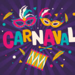 Carnival card or banner with typography design, confetti and hanging flag garlands